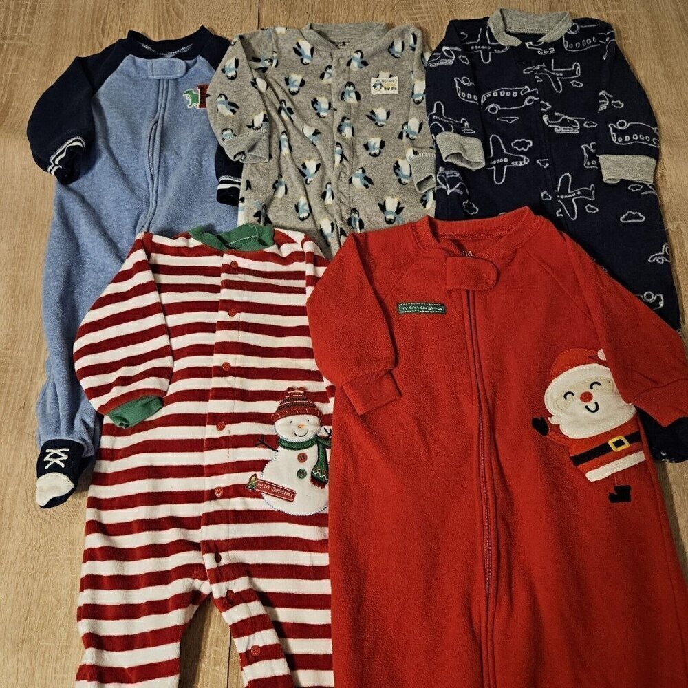 Lot Of 5 Carters Fleece Pjs Pajamas Sizes 0-9 Months Boys Christmas Animals